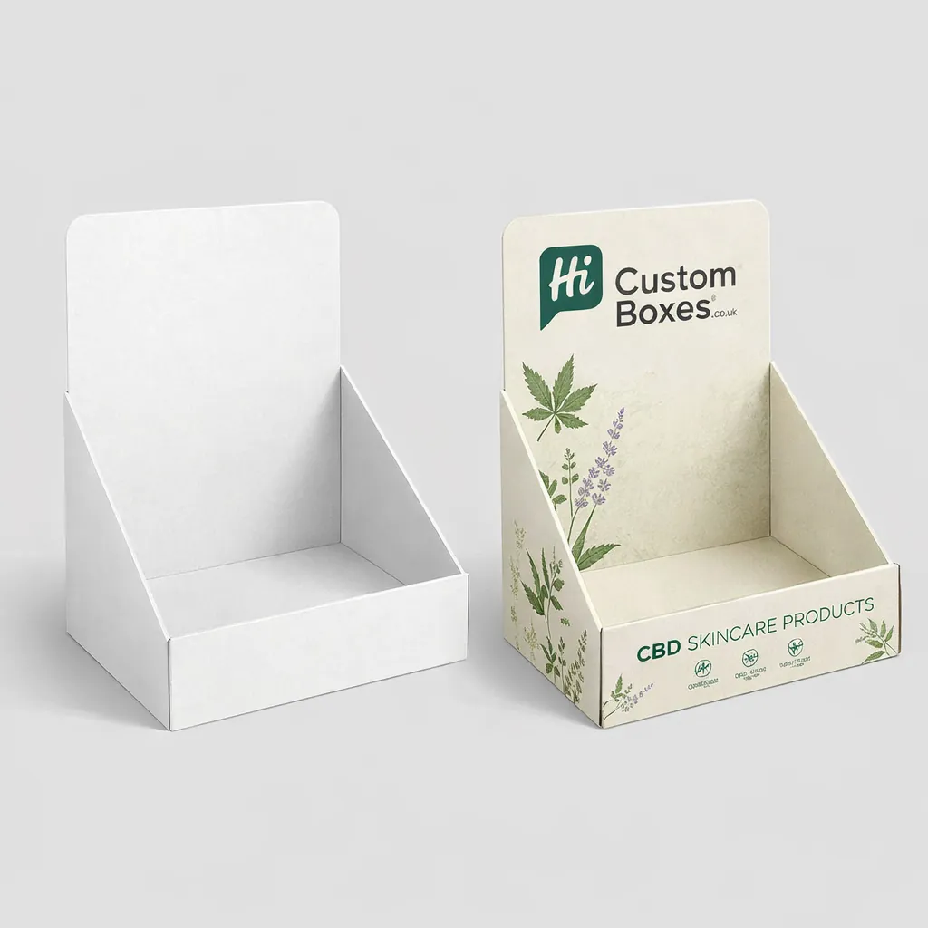 Two cardboard counter display boxes, one plain white and one featuring green botanical CBD branding. class=